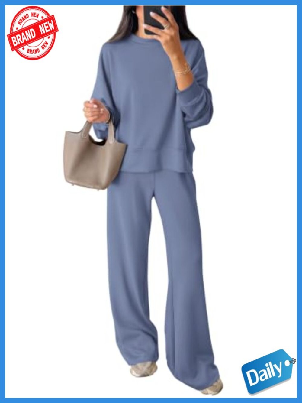2 Piece Lounge Set Women Matching Sweatsuit Long Sleeve Crewneck Wide Leg Pants